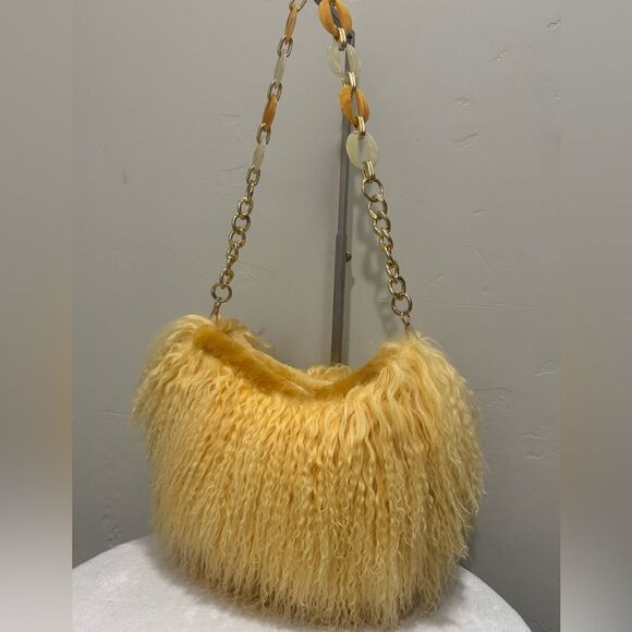 Yellow Real Mongolian Lamb Fur Handmade Stylish Hobo Bag/Multi Use Style - Picture 9 of 17